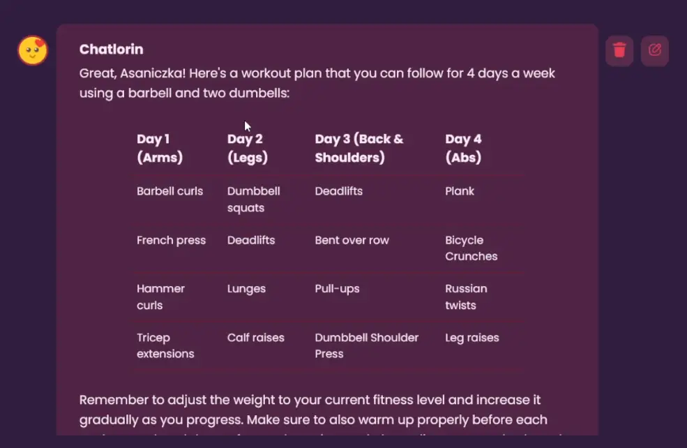 Organized workout table with ChatGPT