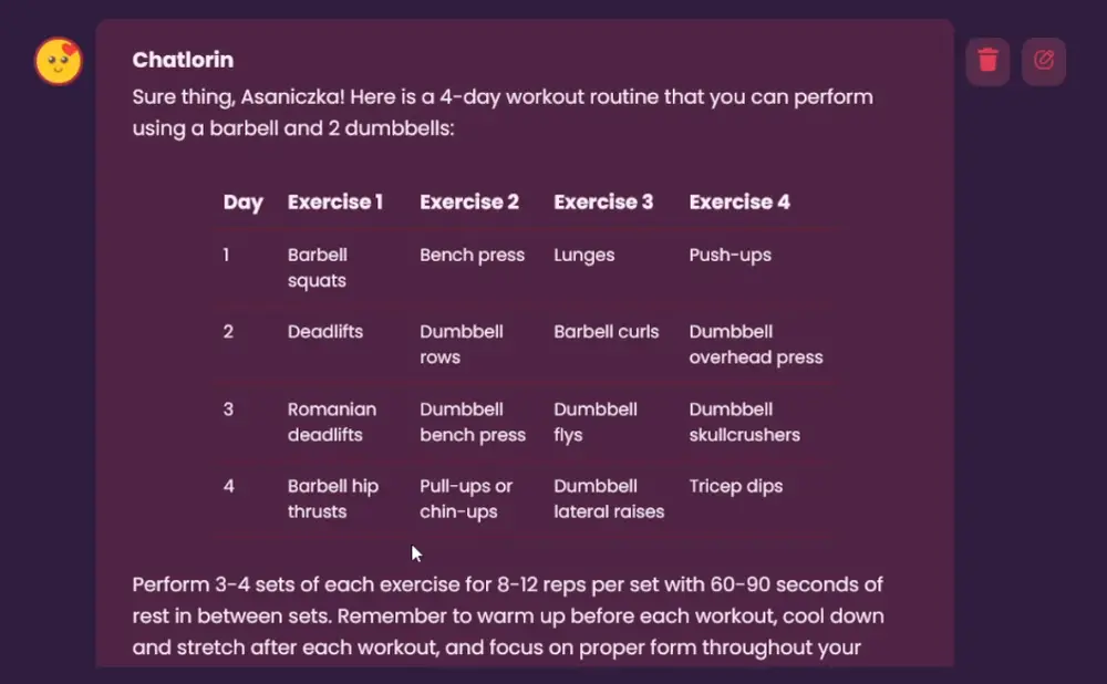 Simple workout table with ChatGPT
